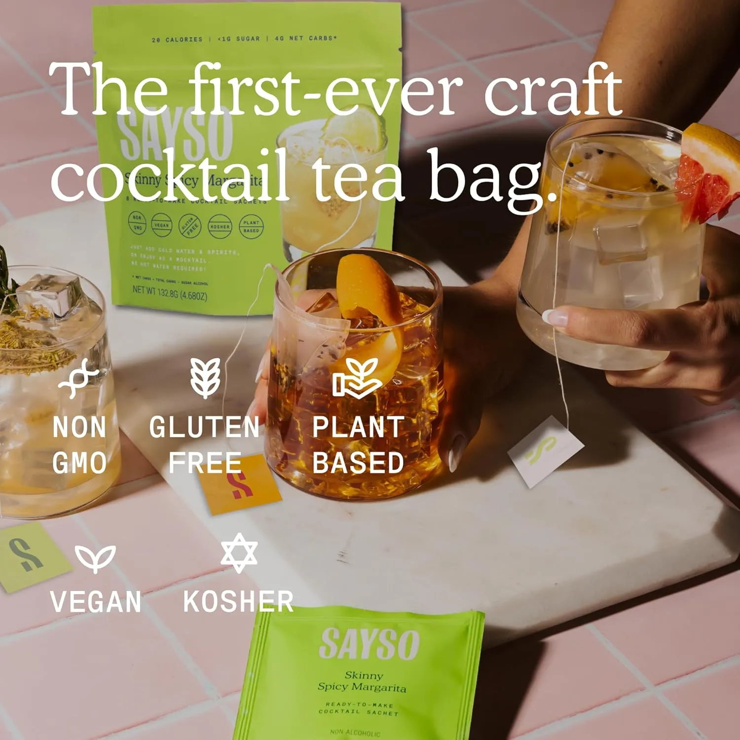 SAYSO Skinny Spicy Margarita Original Cocktail Tea Bag | Cocktail or Mocktail in Under 1 Min, Without Hot Water, <1G Sugar, 20 Calories, Non-GMO, Gluten-free, Kosher & Vegan Mixer, 8 count