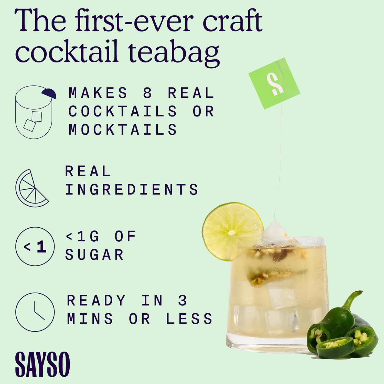 SAYSO Skinny Spicy Margarita Original Cocktail Tea Bag | Cocktail or Mocktail in Under 1 Min, Without Hot Water, <1G Sugar, 20 Calories, Non-GMO, Gluten-free, Kosher & Vegan Mixer, 8 count