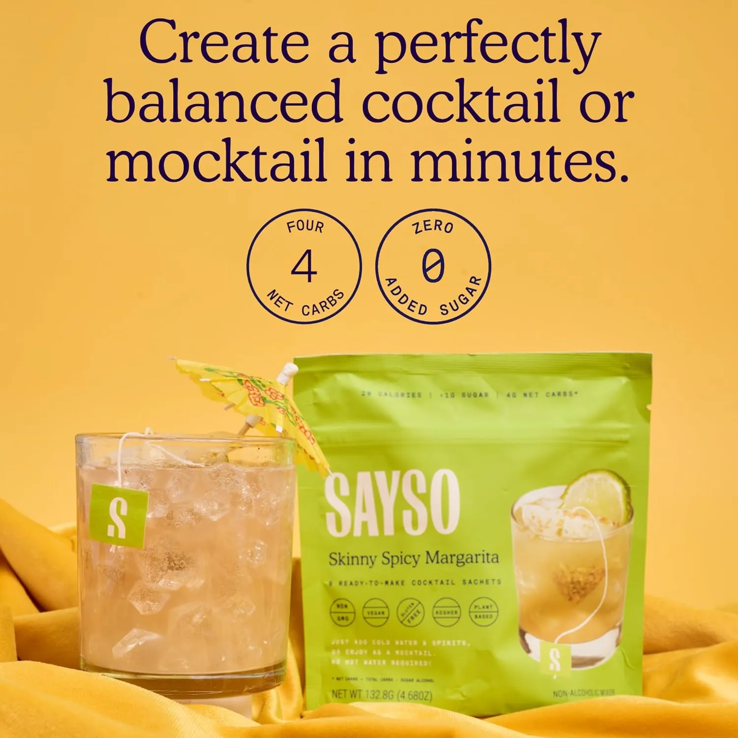 SAYSO Skinny Spicy Margarita Original Cocktail Tea Bag | Cocktail or Mocktail in Under 1 Min, Without Hot Water, <1G Sugar, 20 Calories, Non-GMO, Gluten-free, Kosher & Vegan Mixer, 8 count