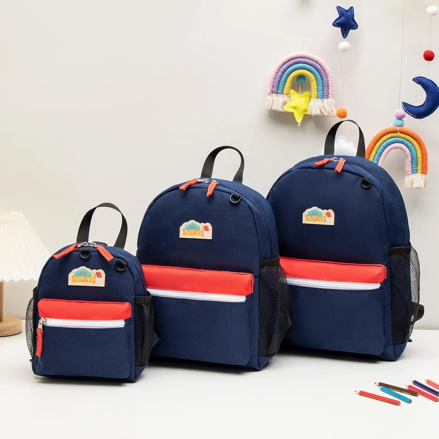 School Backpack for Boys Kindergarten Childrens Bookbag 15 inch Boys Backpacks for Kids 3-6 (Navy and Red)