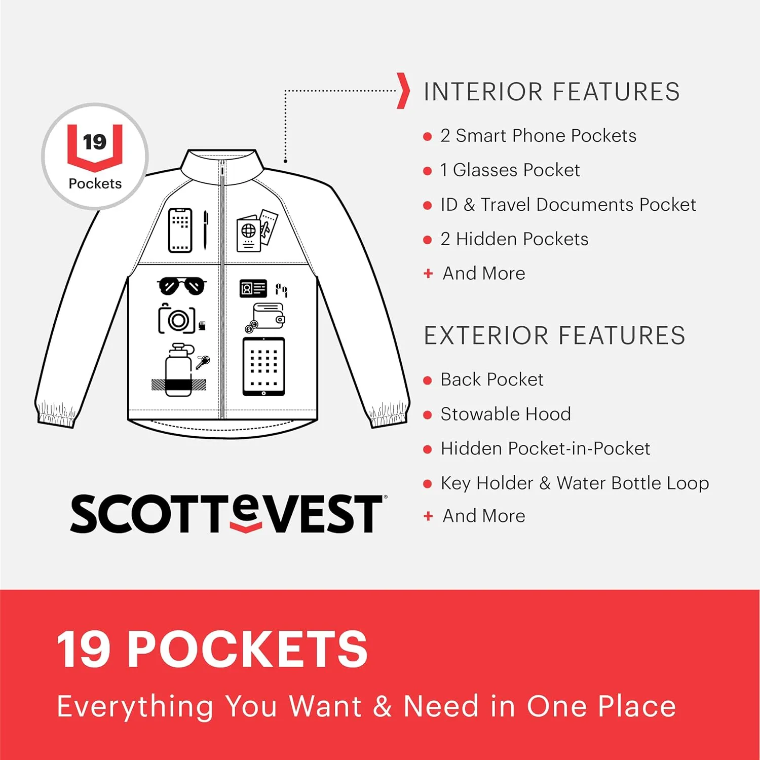 SCOTTeVEST Pack Windbreaker Jacket for Men - 19 Hidden Pockets - Lightweight Water Repellent Coat for Travel & More