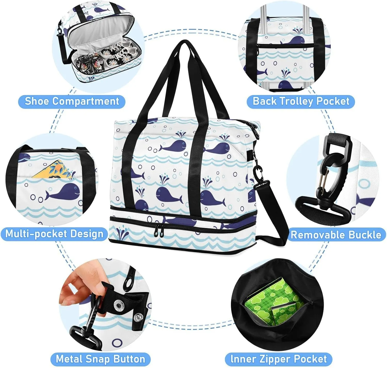Seamless Ocean Waves Water Drop Circles Background with Blue Whales Foldable Travel Bag, Camping Luggage bag, Portable Gym Bag, Sports Bag, Toiletry Bag with Handles Adjustable Shoulder Strap