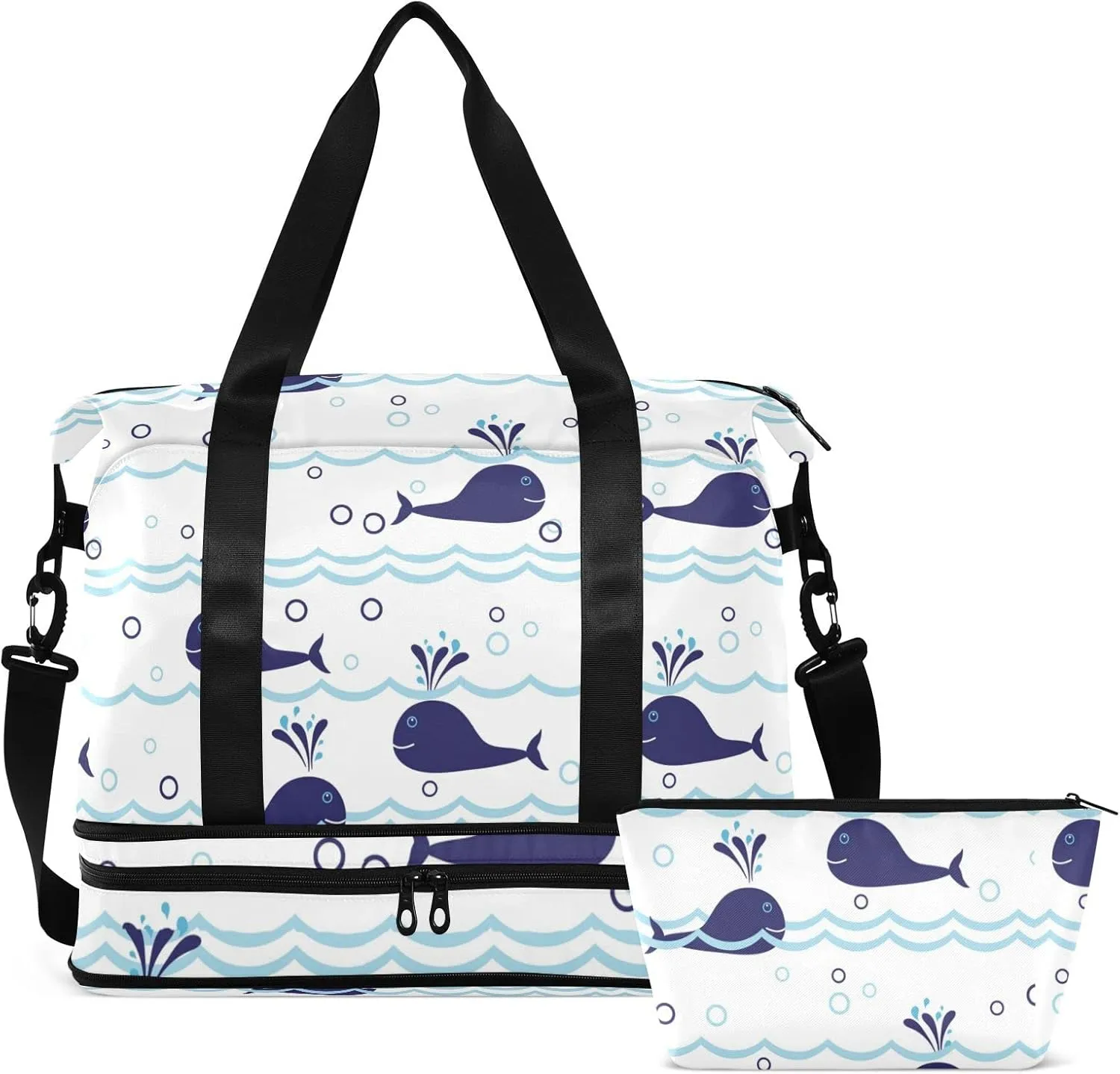 Seamless Ocean Waves Water Drop Circles Background with Blue Whales Foldable Travel Bag, Camping Luggage bag, Portable Gym Bag, Sports Bag, Toiletry Bag with Handles Adjustable Shoulder Strap