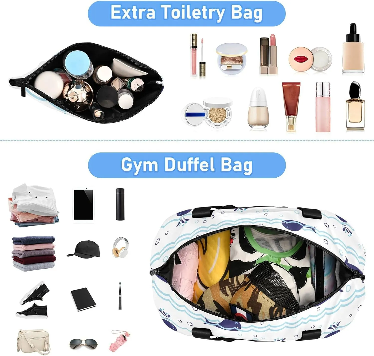 Seamless Ocean Waves Water Drop Circles Background with Blue Whales Foldable Travel Bag, Camping Luggage bag, Portable Gym Bag, Sports Bag, Toiletry Bag with Handles Adjustable Shoulder Strap