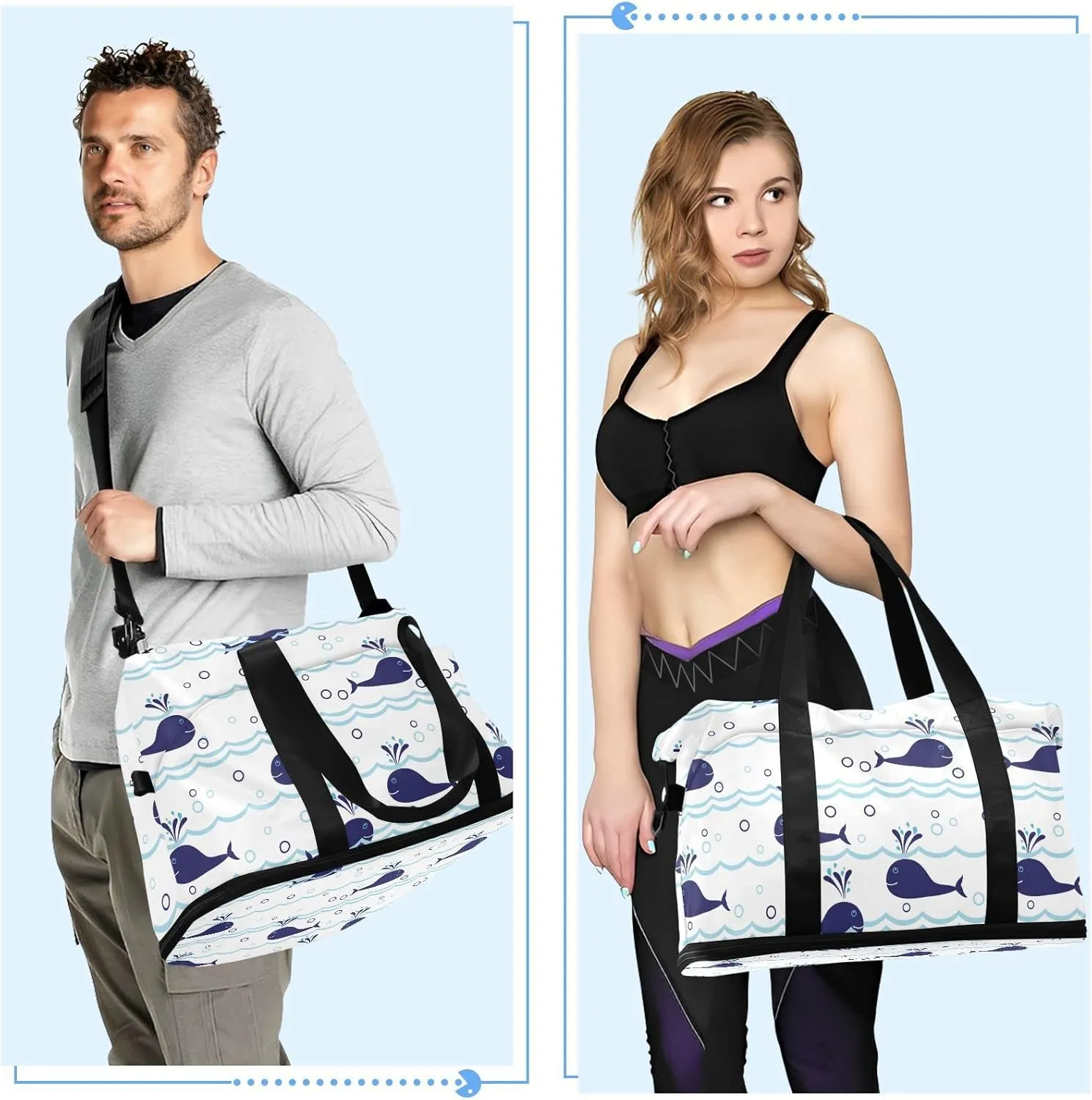 Seamless Ocean Waves Water Drop Circles Background with Blue Whales Foldable Travel Bag, Camping Luggage bag, Portable Gym Bag, Sports Bag, Toiletry Bag with Handles Adjustable Shoulder Strap