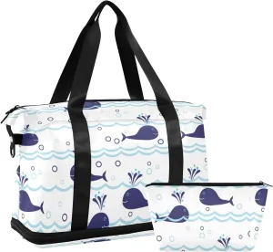 Seamless Ocean Waves Water Drop Circles Background with Blue Whales Foldable Travel Bag, Camping Luggage bag, Portable Gym Bag, Sports Bag, Toiletry Bag with Handles Adjustable Shoulder Strap