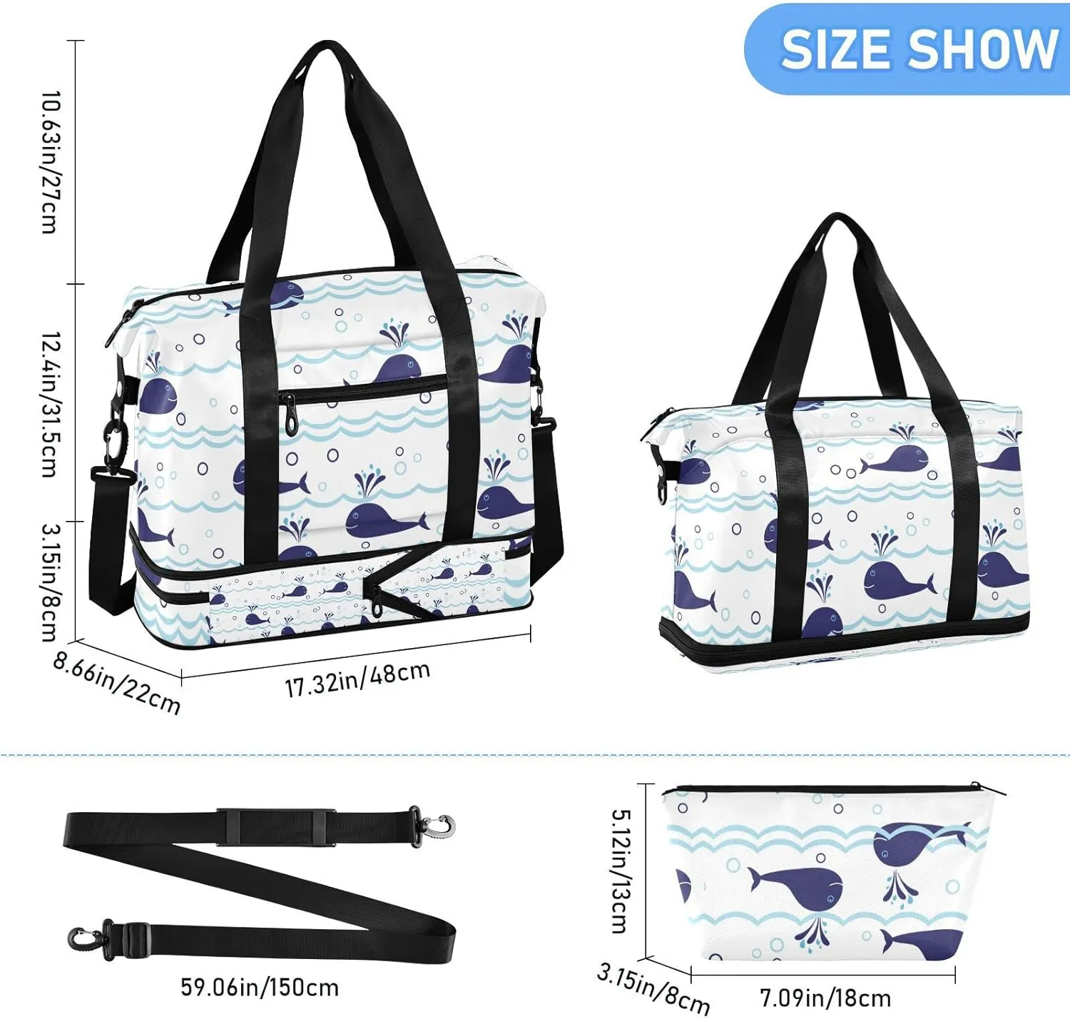 Seamless Ocean Waves Water Drop Circles Background with Blue Whales Foldable Travel Bag, Camping Luggage bag, Portable Gym Bag, Sports Bag, Toiletry Bag with Handles Adjustable Shoulder Strap