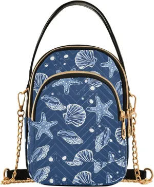 Seashells Starfish Crossbody Bags for Women Quilted Shoulder Bag Handbag with Chain Strap Seafood Trendy Cross Body Cell Phone Crossbody Purses for Travel Women