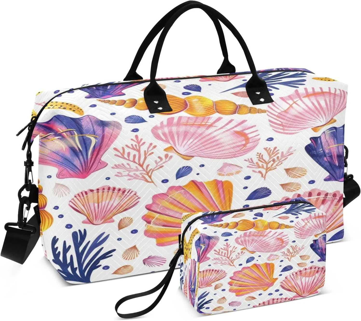 Seaweed Shells Travel Duffel Bags with Toiletry Bag and Adjustable Strap for Travel Gym Yoga