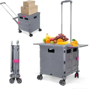 SELORSS Foldable Utility Cart Rolling Crate Handcart Shopping Cart with Rotate Wheels Extended Magnetic Lid Telescoping Handle Adjustable Angle for Transports Groceries Office Teacher File(Gray)