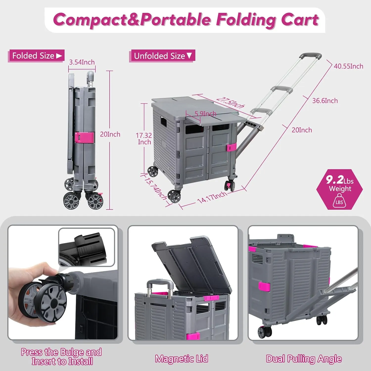 SELORSS Foldable Utility Cart Rolling Crate Handcart Shopping Cart with Rotate Wheels Extended Magnetic Lid Telescoping Handle Adjustable Angle for Transports Groceries Office Teacher File(Gray)