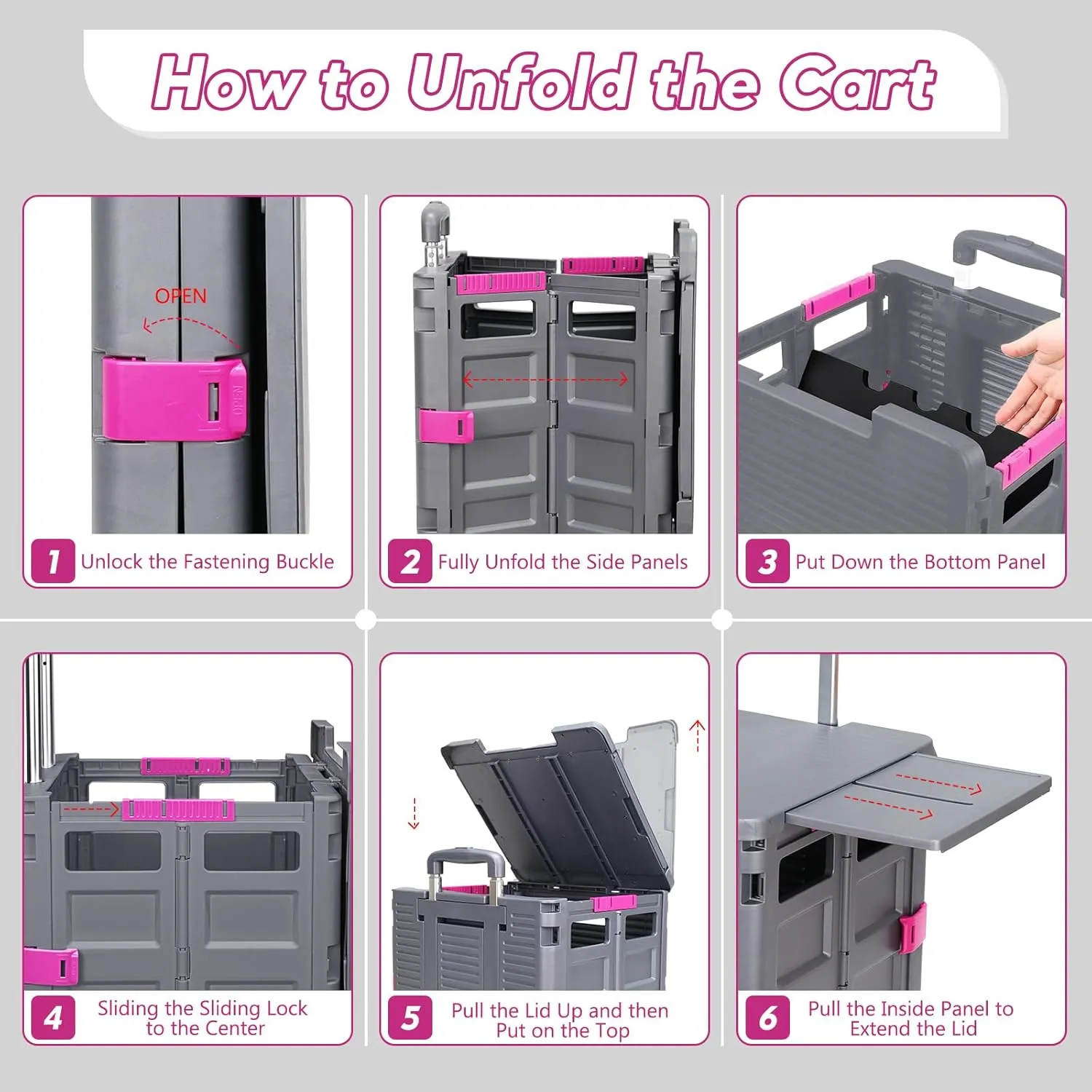 SELORSS Foldable Utility Cart Rolling Crate Handcart Shopping Cart with Rotate Wheels Extended Magnetic Lid Telescoping Handle Adjustable Angle for Transports Groceries Office Teacher File(Gray)