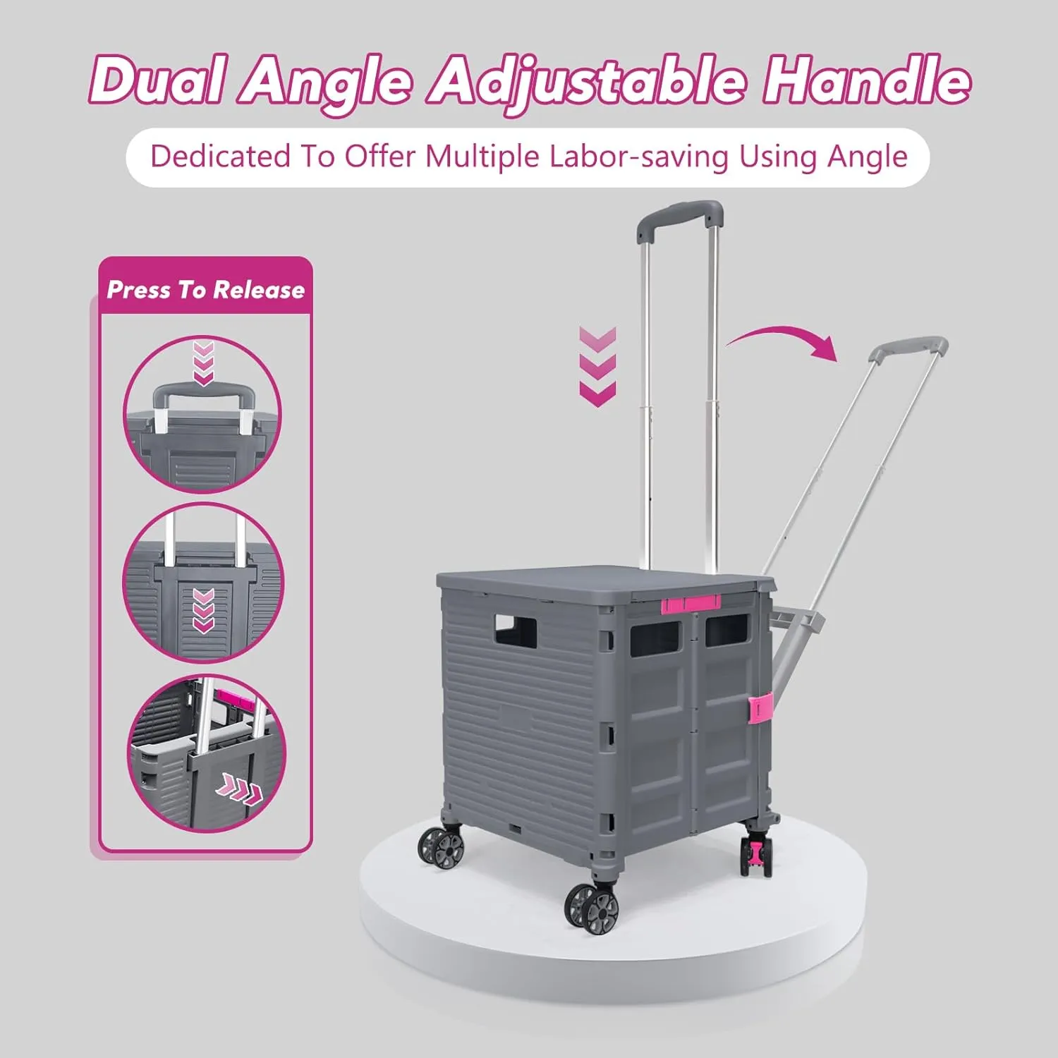 SELORSS Foldable Utility Cart Rolling Crate Handcart Shopping Cart with Rotate Wheels Extended Magnetic Lid Telescoping Handle Adjustable Angle for Transports Groceries Office Teacher File(Gray)