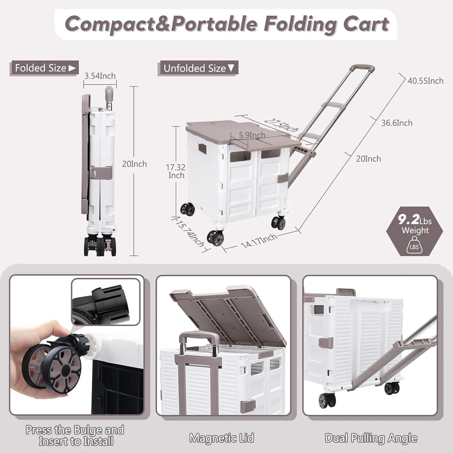 SELORSS Foldable Utility Cart Rolling Crate Handcart Shopping Cart with Rotate Wheels Extended Magnetic Lid Telescoping Handle Adjustable Angle for Transports Groceries Office Teacher File(White)
