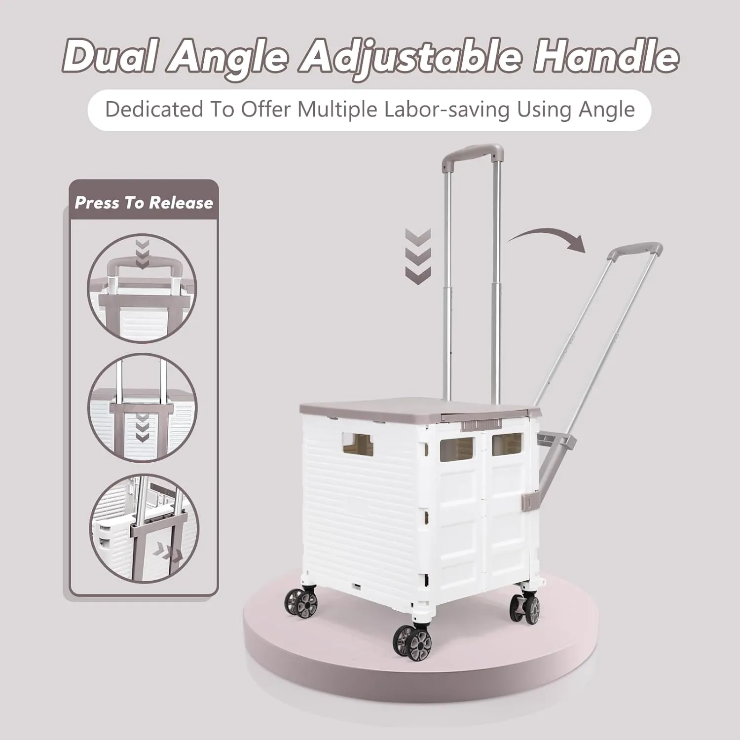 SELORSS Foldable Utility Cart Rolling Crate Handcart Shopping Cart with Rotate Wheels Extended Magnetic Lid Telescoping Handle Adjustable Angle for Transports Groceries Office Teacher File(White)