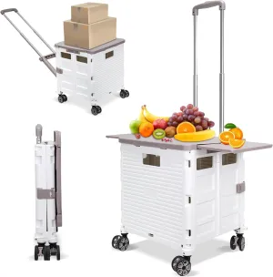 SELORSS Foldable Utility Cart Rolling Crate Handcart Shopping Cart with Rotate Wheels Extended Magnetic Lid Telescoping Handle Adjustable Angle for Transports Groceries Office Teacher File(White)