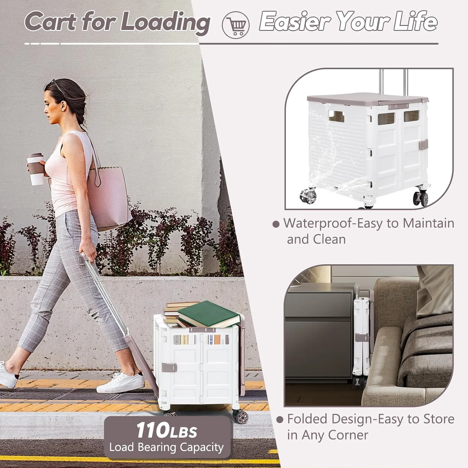 SELORSS Foldable Utility Cart Rolling Crate Handcart Shopping Cart with Rotate Wheels Extended Magnetic Lid Telescoping Handle Adjustable Angle for Transports Groceries Office Teacher File(White)
