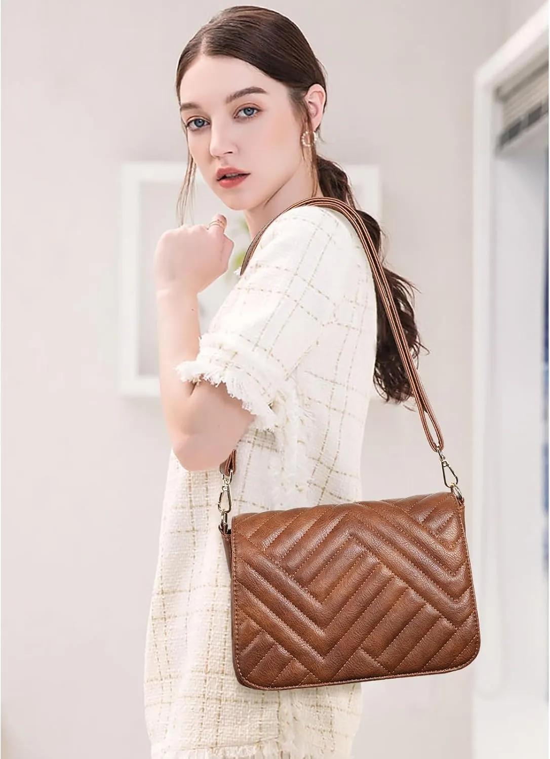 SENDEFN Quilted Leather Crossbody Bags for Women Ladies Shoulder Purse Satchel HandBag with Chain Trendy Strap