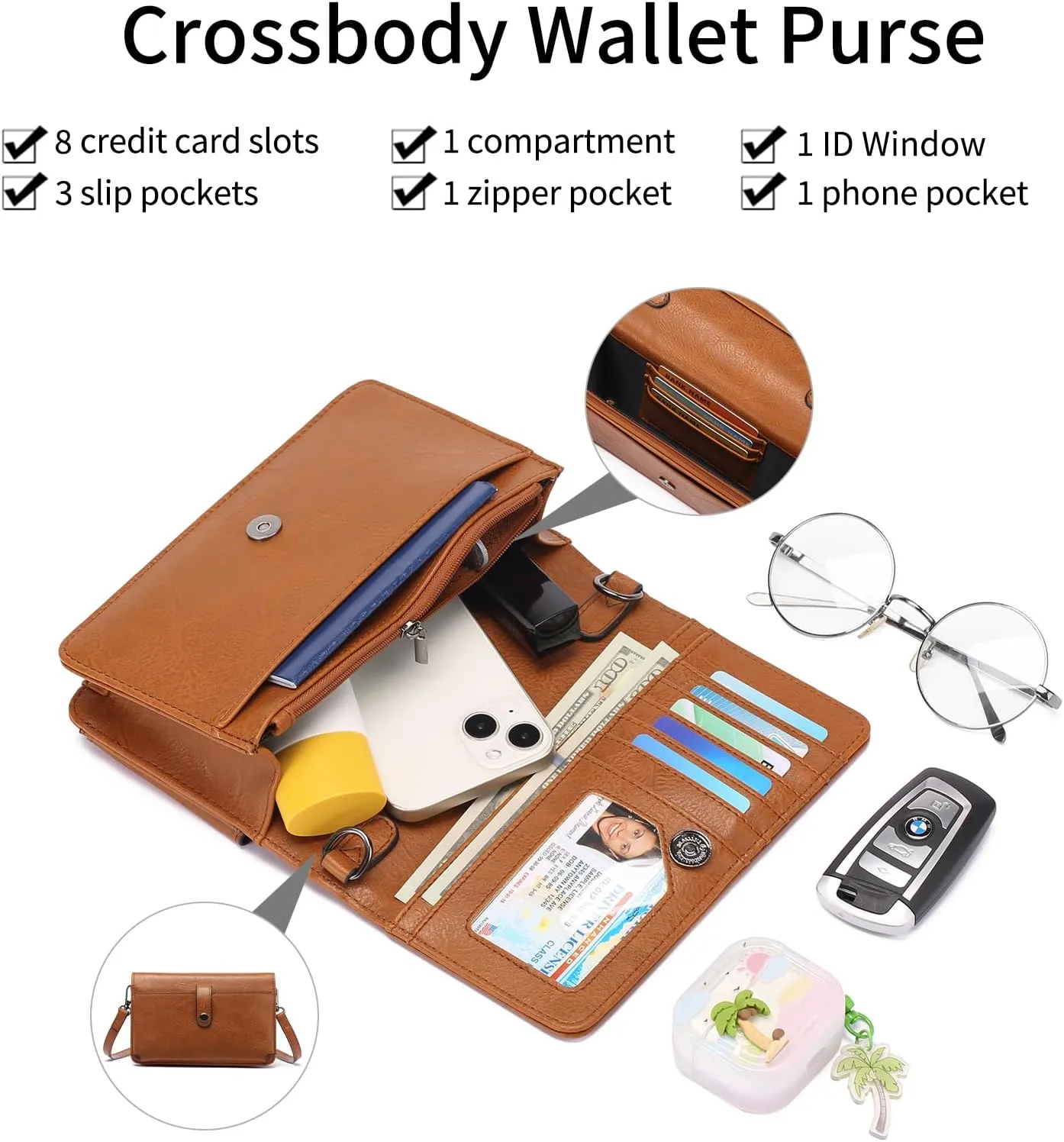 SENDEFN Small Crossbody Bags for Women Leather Cell Phone Purse Wallet with ID window and Card Slots
