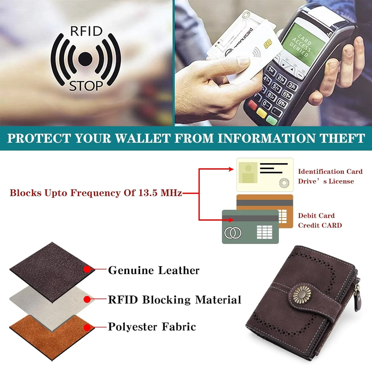 SENDEFN Small Wallets for Woman RFID Blocking Leather Bifold Credit Card Holder Purse with ID Window