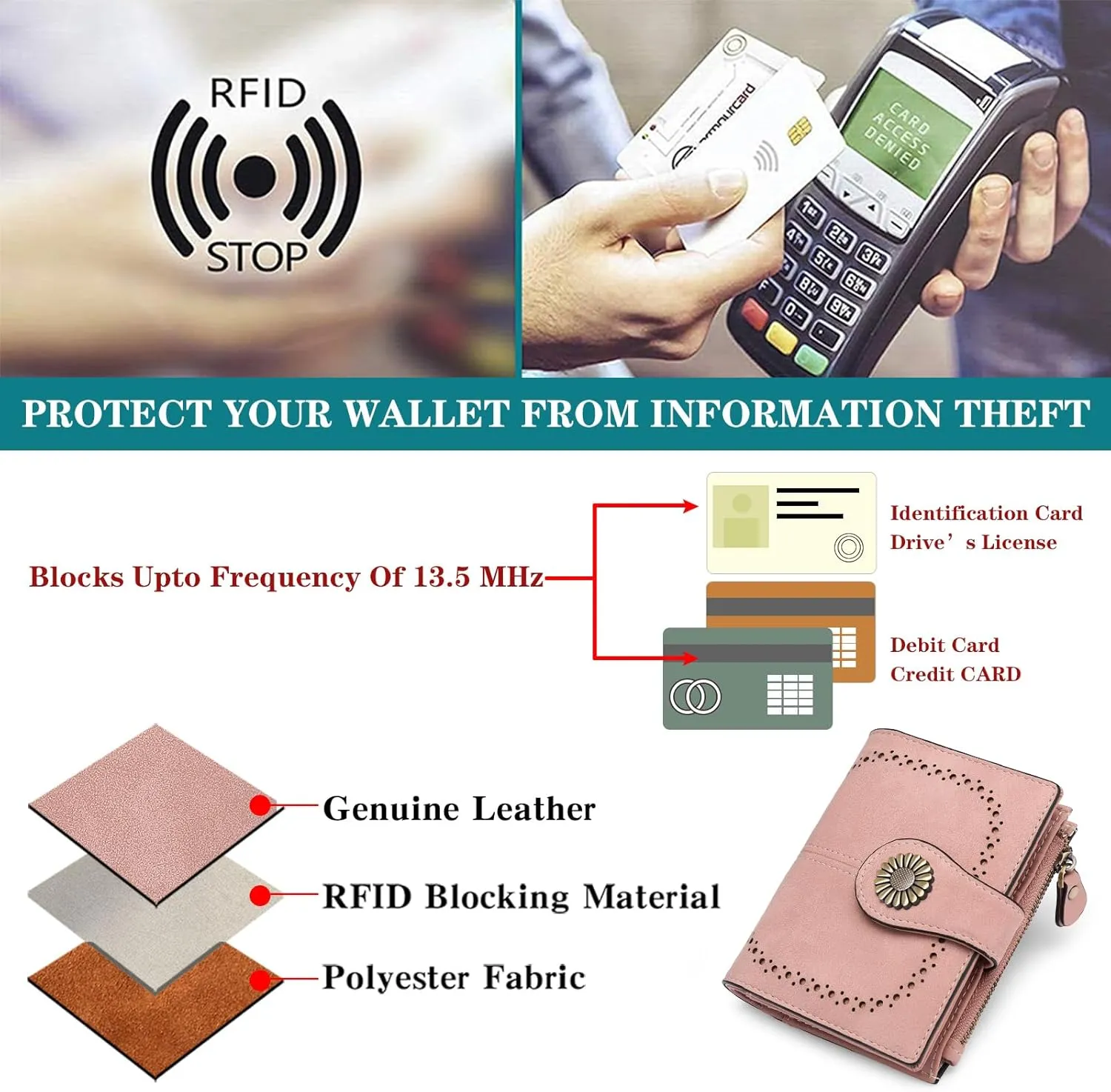 SENDEFN Small Wallets for Woman RFID Blocking Leather Bifold Credit Card Holder Purse with ID Window