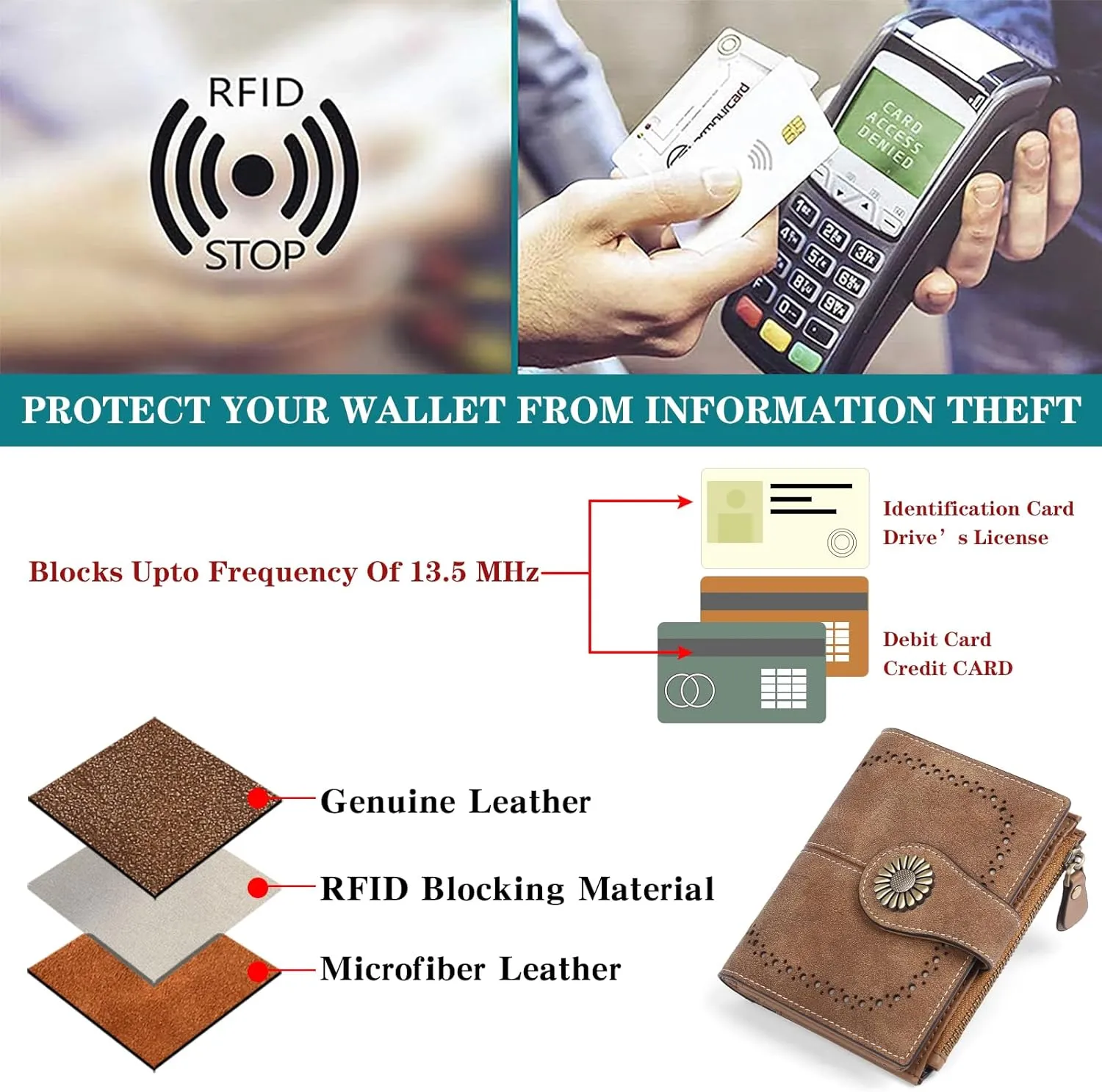 SENDEFN Small Wallets for Woman RFID Blocking Leather Bifold Credit Card Holder Purse with ID Window