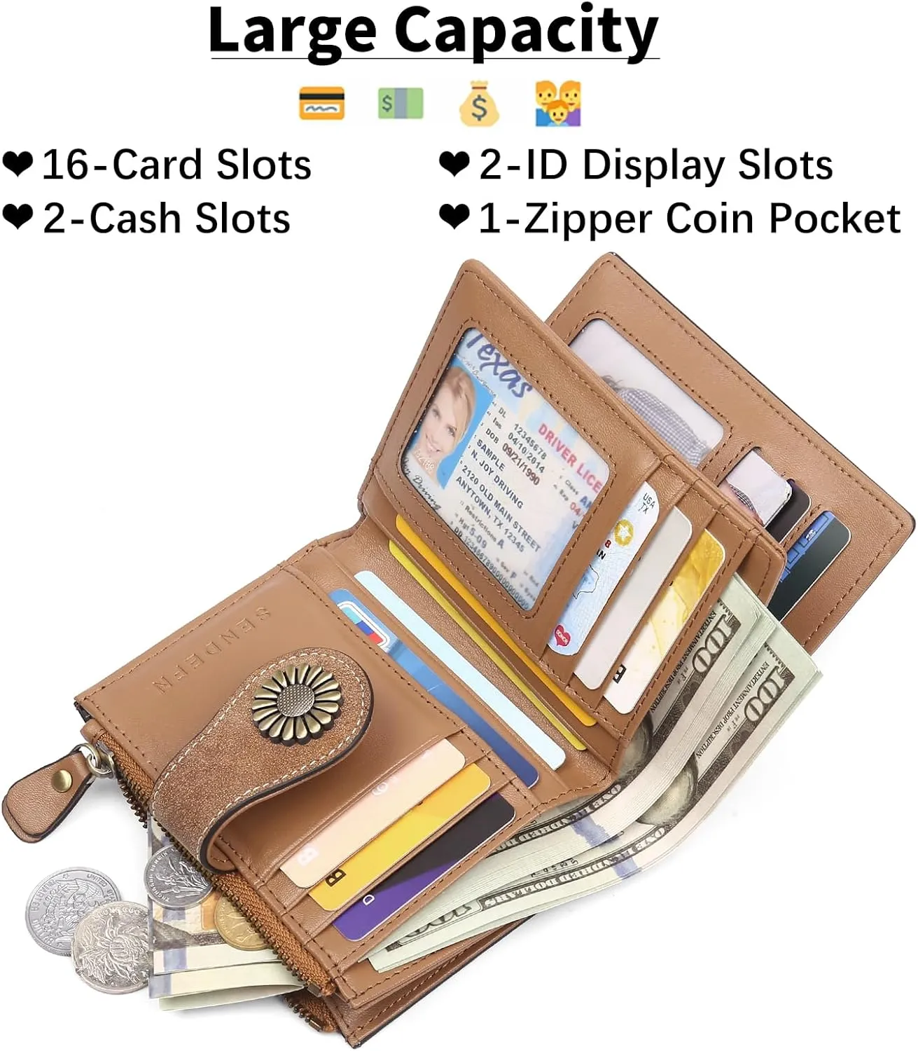 SENDEFN Small Wallets for Woman RFID Blocking Leather Bifold Credit Card Holder Purse with ID Window