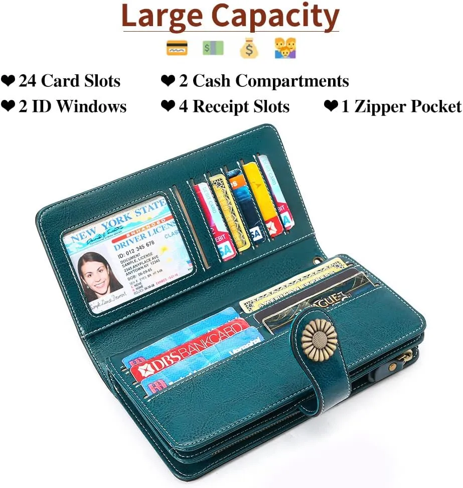 SENDEFN Wallets for Women Leather Credit Card Holder with RFID Blocking Large Capacity Wristlet