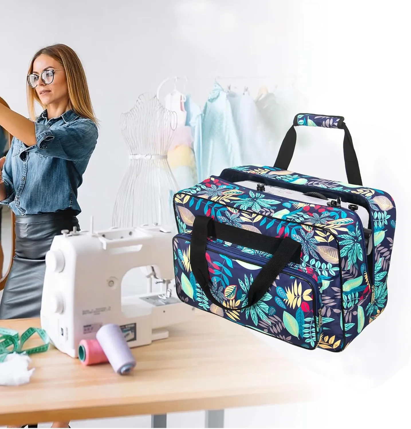 Sewing Machine Carrying Case，Sewing Machine Carrying Case Tote Bag，Universal Tote Storage Bag with Pockets and Handles, Suitable for Most Standard Singer, Janome (Light Blue)