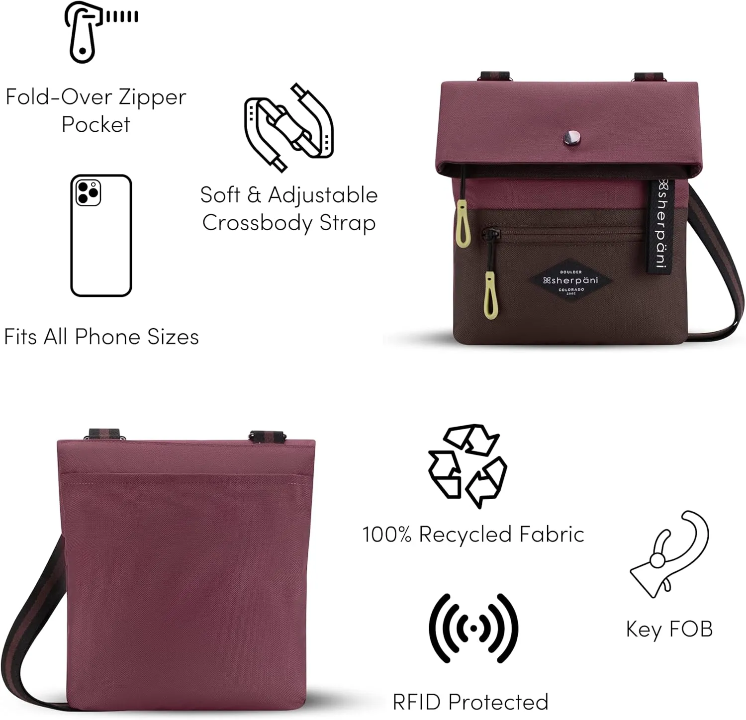Sherpani Pica, Small Crossbody Purse, Nylon Crossbody Bag, Lightweight Cross Body Bag, Shoulder Bag, Purses for Women, Travel Bag, RFID Protection (Rosewood)