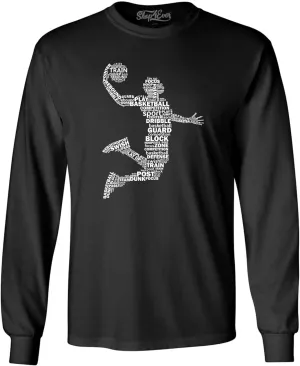 shop4ever® Basketball Player Dunk Silhouette Word Cloud Long Sleeve Shirt