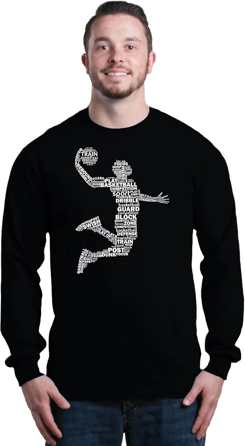 shop4ever® Basketball Player Dunk Silhouette Word Cloud Long Sleeve Shirt