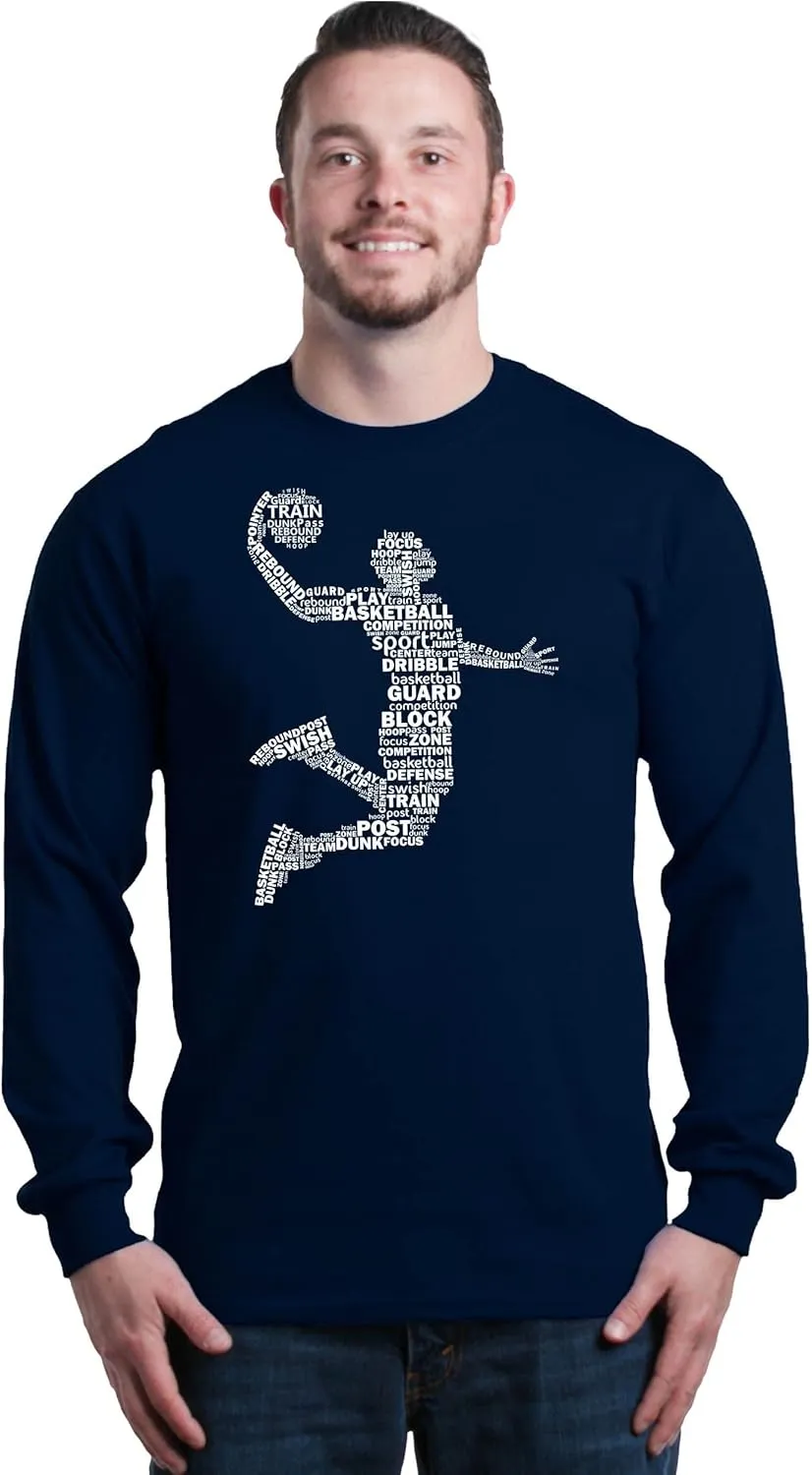 shop4ever® Basketball Player Dunk Silhouette Word Cloud Long Sleeve Shirt