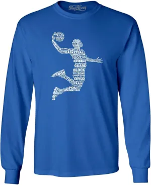 shop4ever® Basketball Player Dunk Silhouette Word Cloud Long Sleeve Shirt