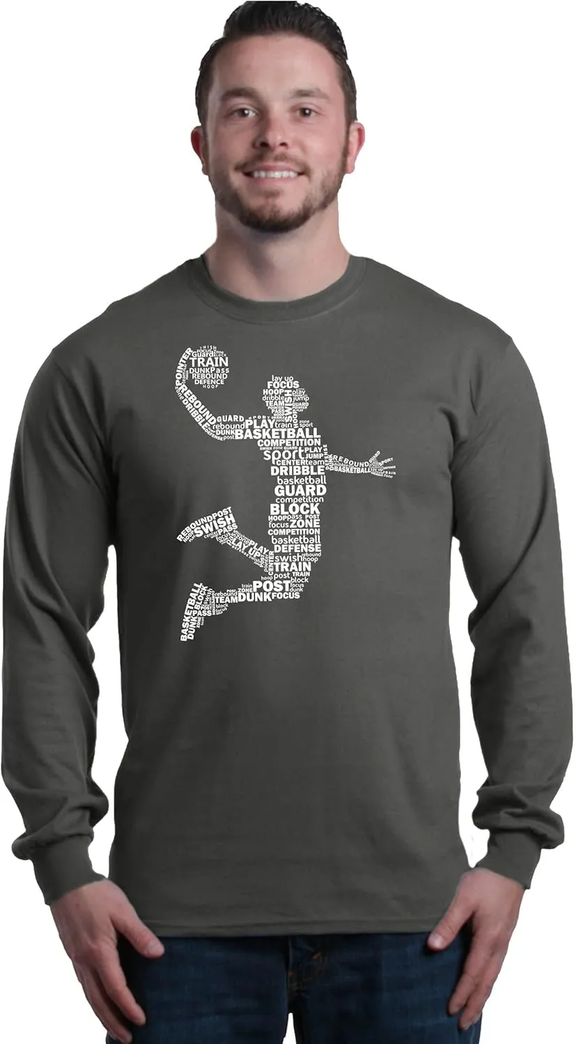 shop4ever® Basketball Player Dunk Silhouette Word Cloud Long Sleeve Shirt