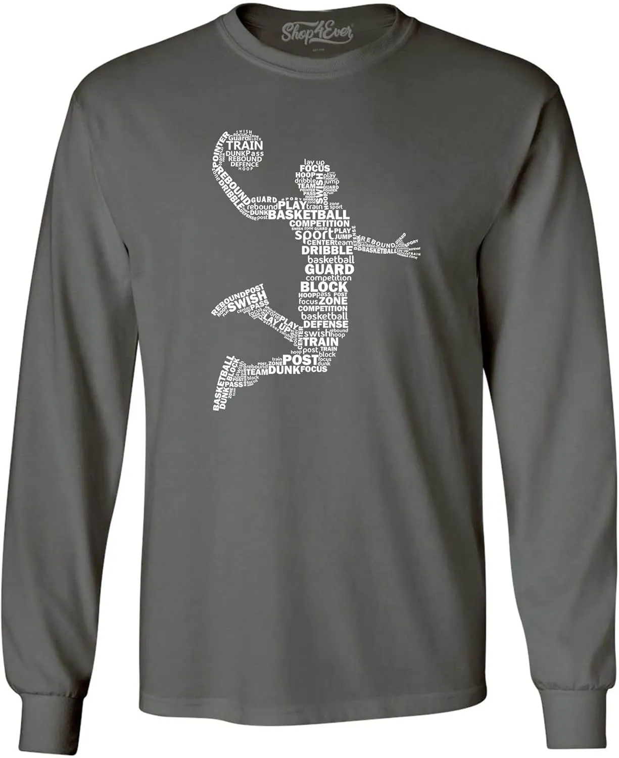 shop4ever® Basketball Player Dunk Silhouette Word Cloud Long Sleeve Shirt