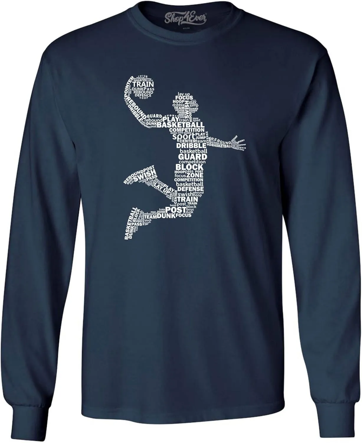 shop4ever® Basketball Player Dunk Silhouette Word Cloud Long Sleeve Shirt
