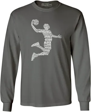 shop4ever® Basketball Player Dunk Silhouette Word Cloud Long Sleeve Shirt