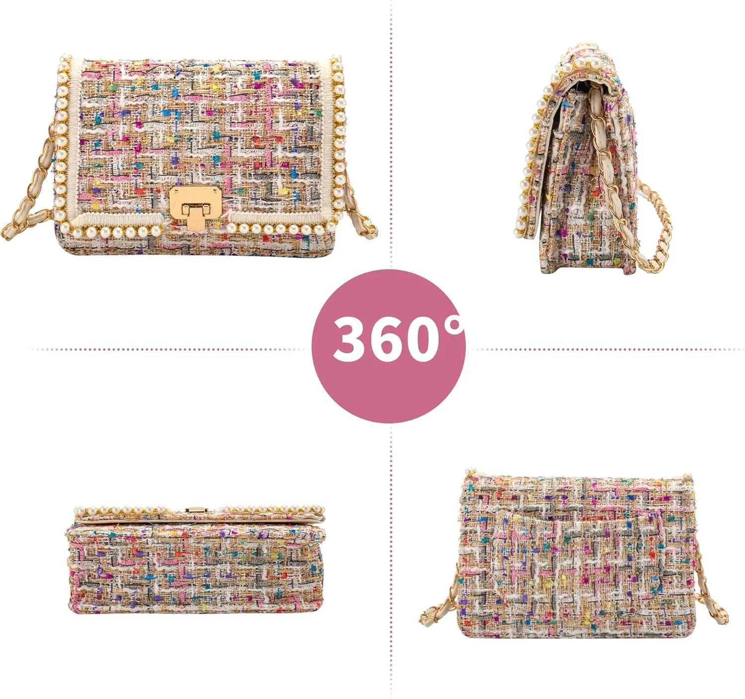 Shoulder Bag Chain Purse for Women, Fashion Clutch Crossbody Bag Retro Tweed Pearl Underarm Bag Square Satchel Handbag