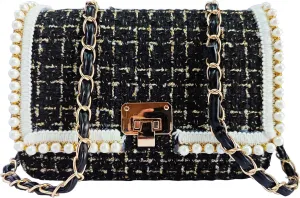 Shoulder Bag Chain Purse for Women, Fashion Clutch Crossbody Bag Retro Tweed Pearl Underarm Bag Square Satchel Handbag