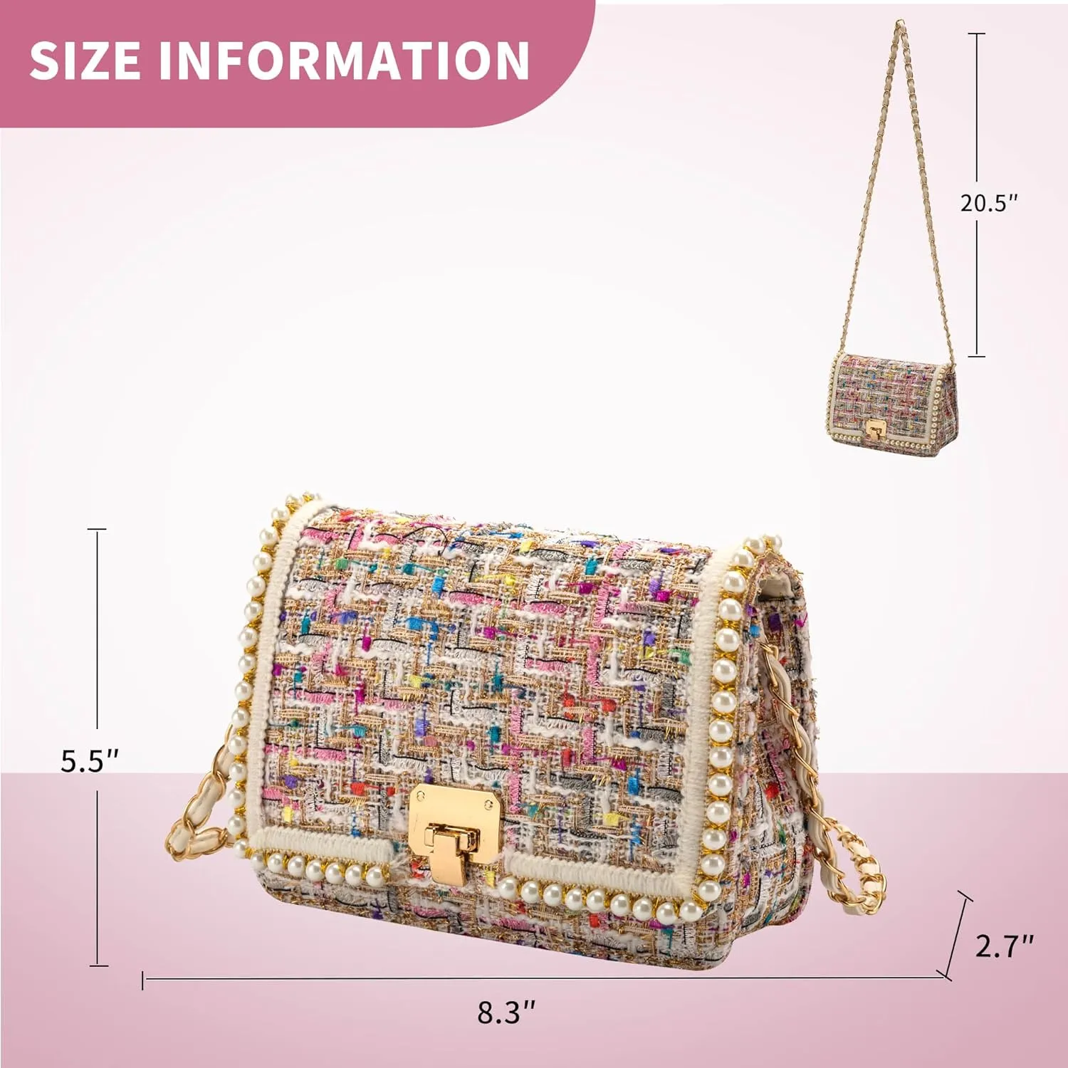 Shoulder Bag Chain Purse for Women, Fashion Clutch Crossbody Bag Retro Tweed Pearl Underarm Bag Square Satchel Handbag