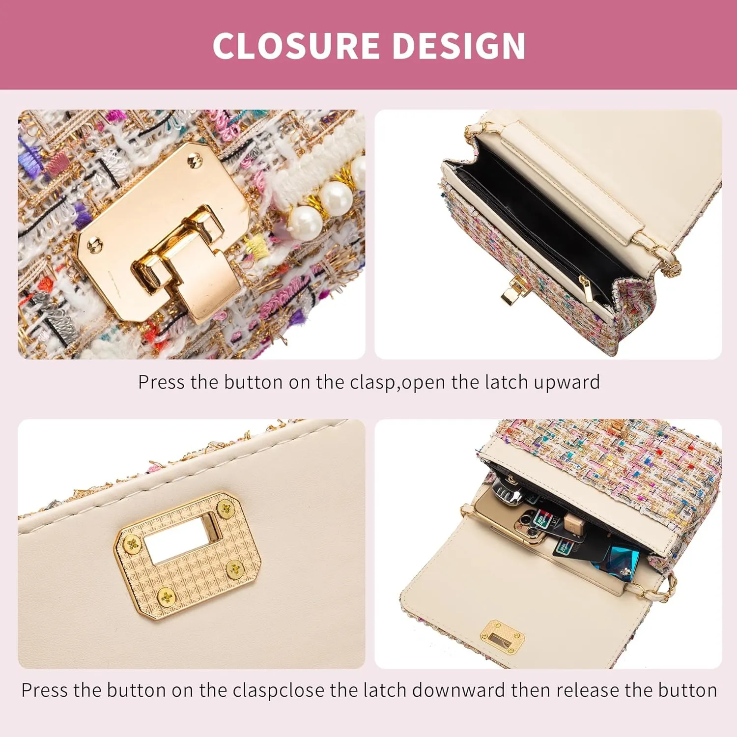 Shoulder Bag Chain Purse for Women, Fashion Clutch Crossbody Bag Retro Tweed Pearl Underarm Bag Square Satchel Handbag