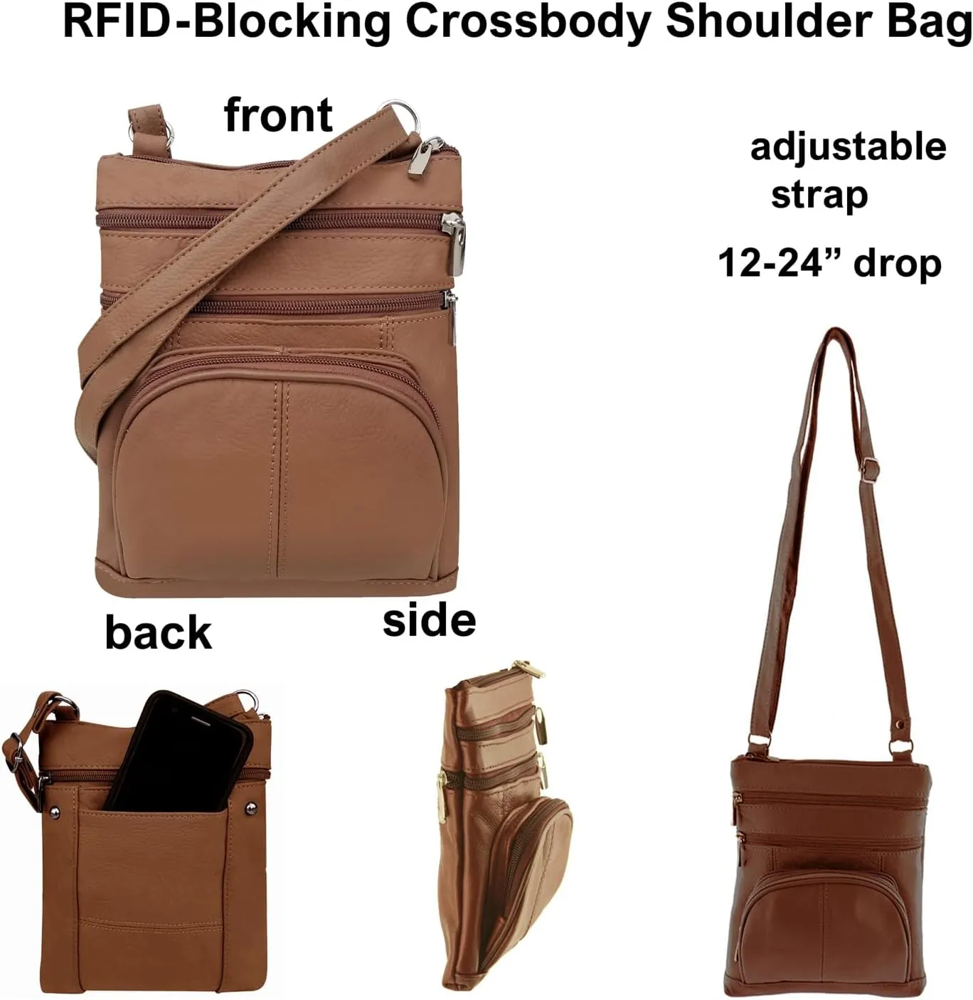SILVERFEVER Women’s RFID-Blocking Crossbody Shoulder Bag - Top Grain Leather, Adjustable Strap, Multiple Pockets