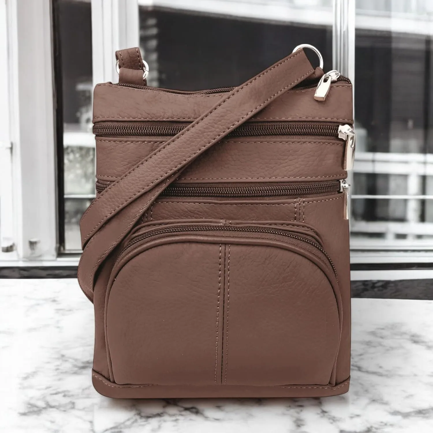 SILVERFEVER Women’s RFID-Blocking Crossbody Shoulder Bag - Top Grain Leather, Adjustable Strap, Multiple Pockets