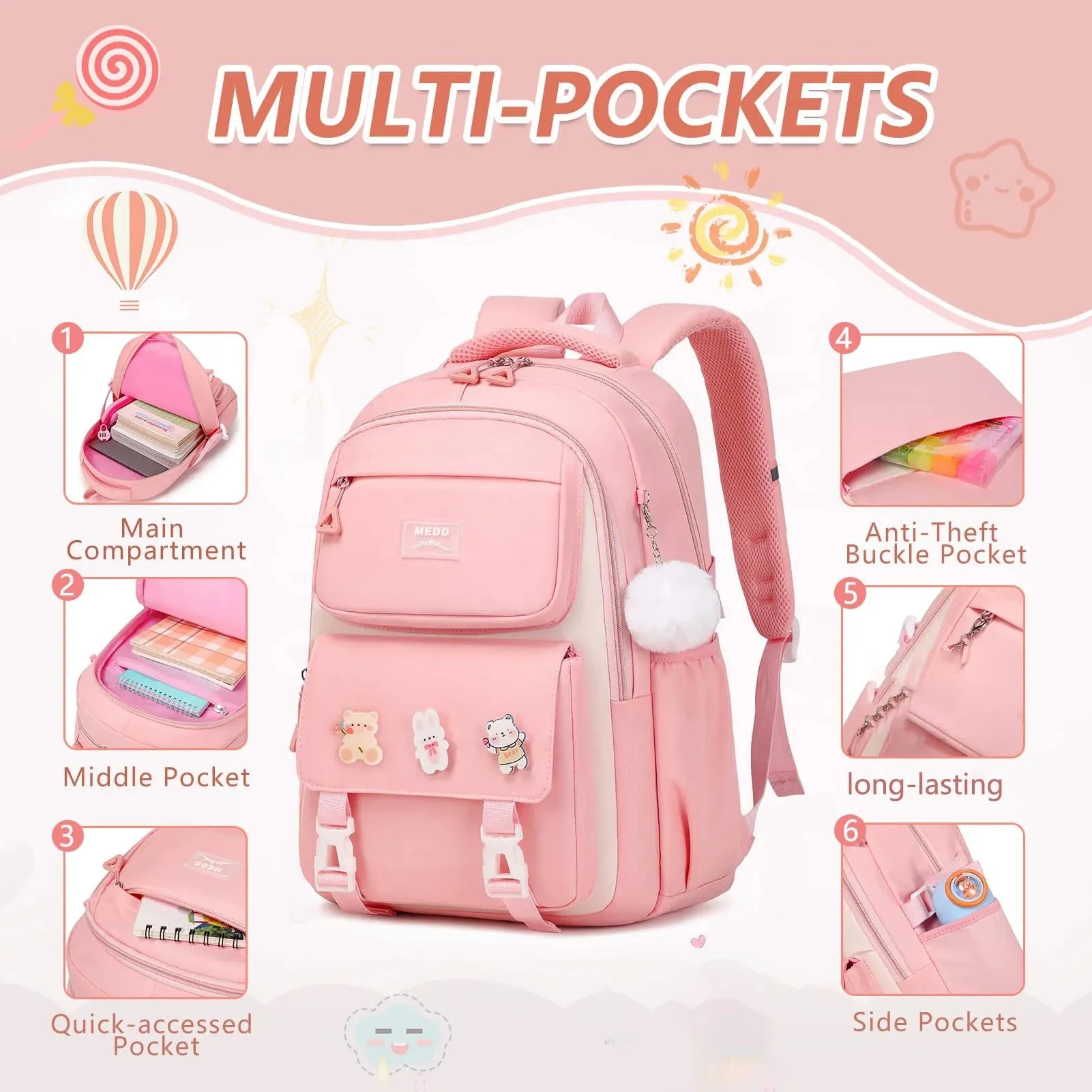 Simple with Case,Lightweight Girls,Fashion Laptop Kids School Backpack Set School Teens Streamlined Pencil for Bookbags for Bags Women,Pink