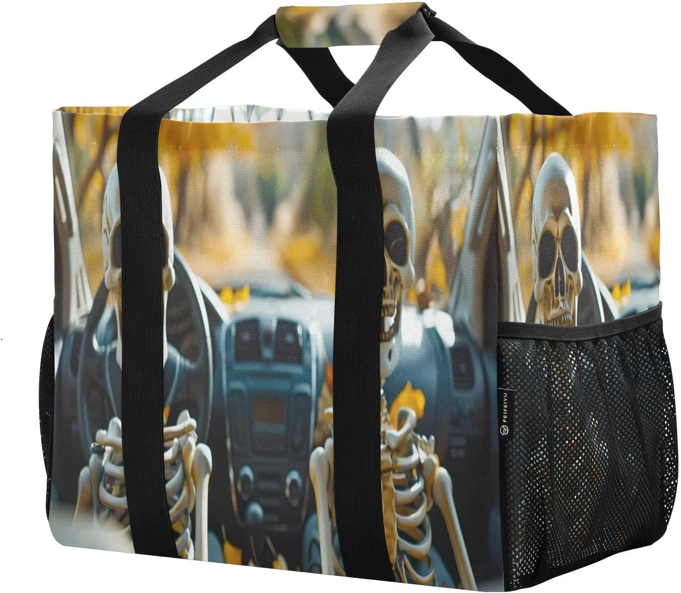 Skeleton Driver Large Foldable Travel Tote Bag, Lightweight Waterproof Swim Pool Bag with Handles & Pocket for Beach Outdoor, Reusable Grocery Bag for Kitchen, Shopping