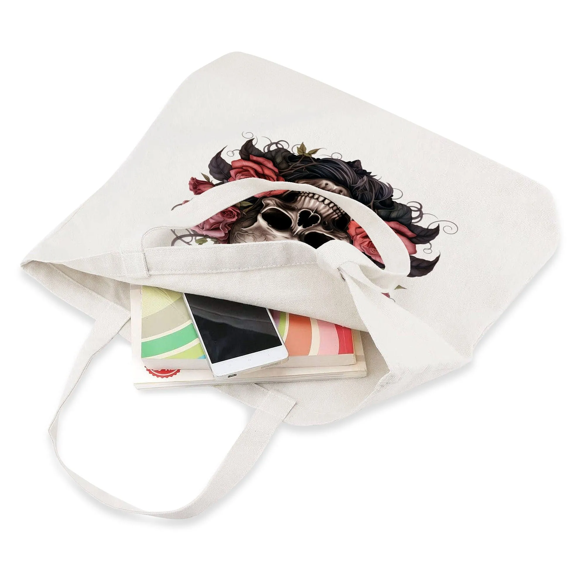 Skull Pink Roses Stylish & Sustainable Cotton Tote Bag