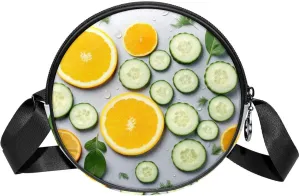 Small Round Crossbody Bag Shoulder Bag Handbag Purse, Orange and Cucumber