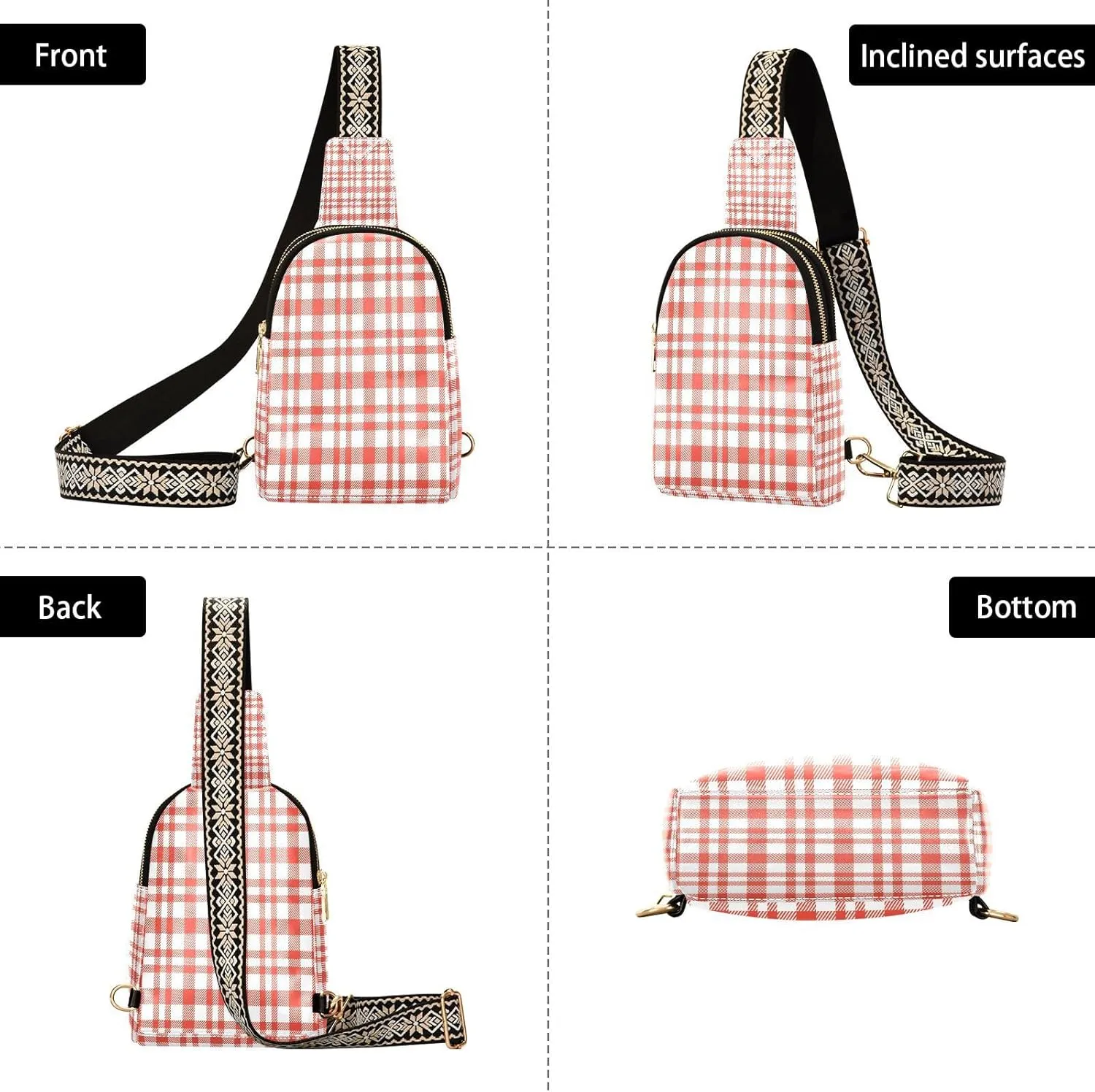 Small Sling Bag for Women Crossbody Red Plaid Trendy Crossbody Bag Fanny Pack with Guitar Strap Leather Chest Bag for Women Fanny Pack Travel Outdoor Outfit