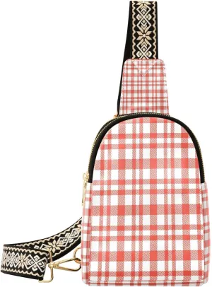 Small Sling Bag for Women Crossbody Red Plaid Trendy Crossbody Bag Fanny Pack with Guitar Strap Leather Chest Bag for Women Fanny Pack Travel Outdoor Outfit